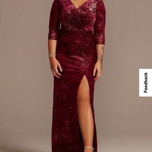 Elegant floor-length patterned gown with skirt slit.